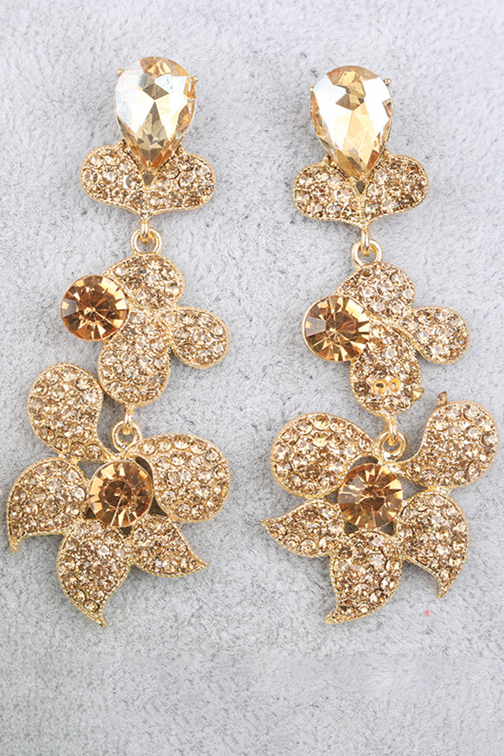 Sparkly Golden Flower Shaped Prom Drop Earrings with Rhinestones