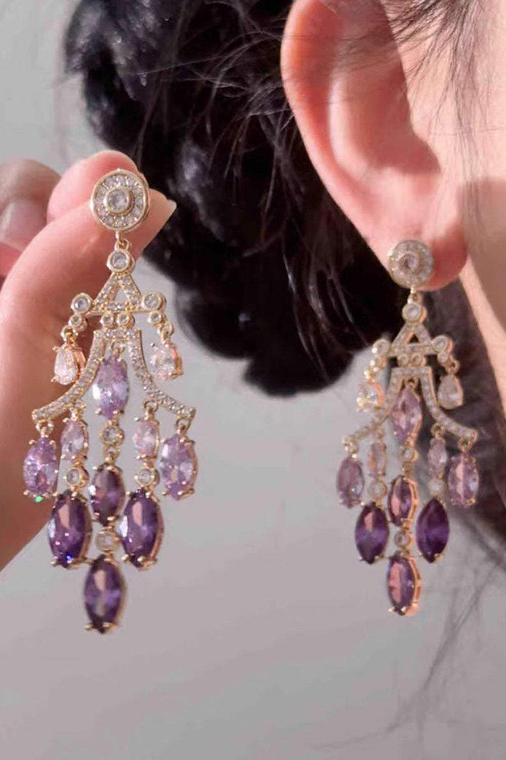 Sparkly Purple Leaf Shaped Prom Drop Earrings with Rhinestones