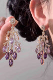 Sparkly Purple Leaf Shaped Prom Drop Earrings with Rhinestones