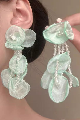 Sparkly Light Green Petal Layered Prom Dropping Earrings with Beading