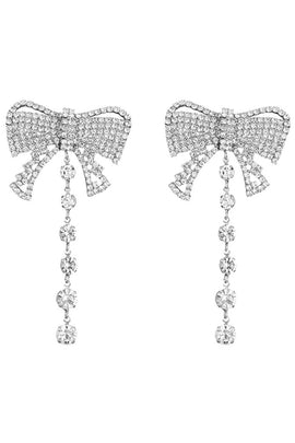 Sparkly Silver Bow Prom Drop Earrings with Rhinestones