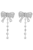 Sparkly Silver Bow Prom Drop Earrings with Rhinestones