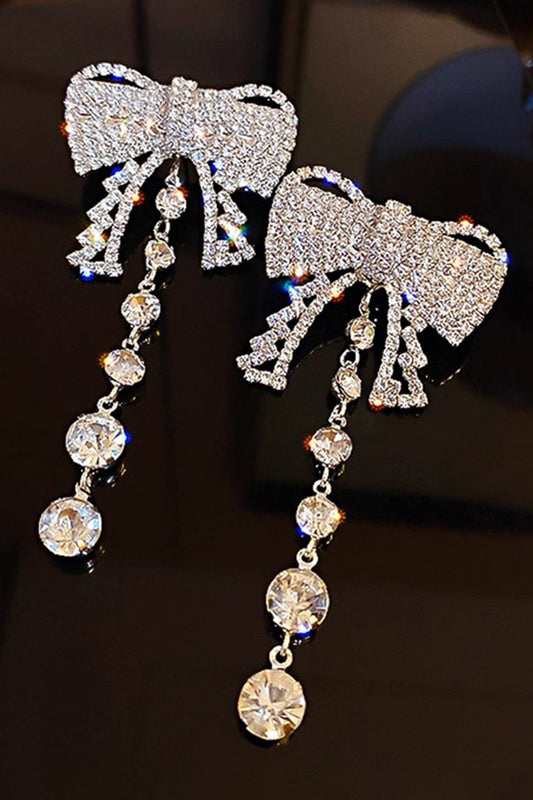 Sparkly Silver Bow Prom Drop Earrings with Rhinestones