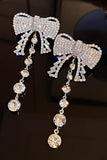 Sparkly Silver Bow Prom Drop Earrings with Rhinestones