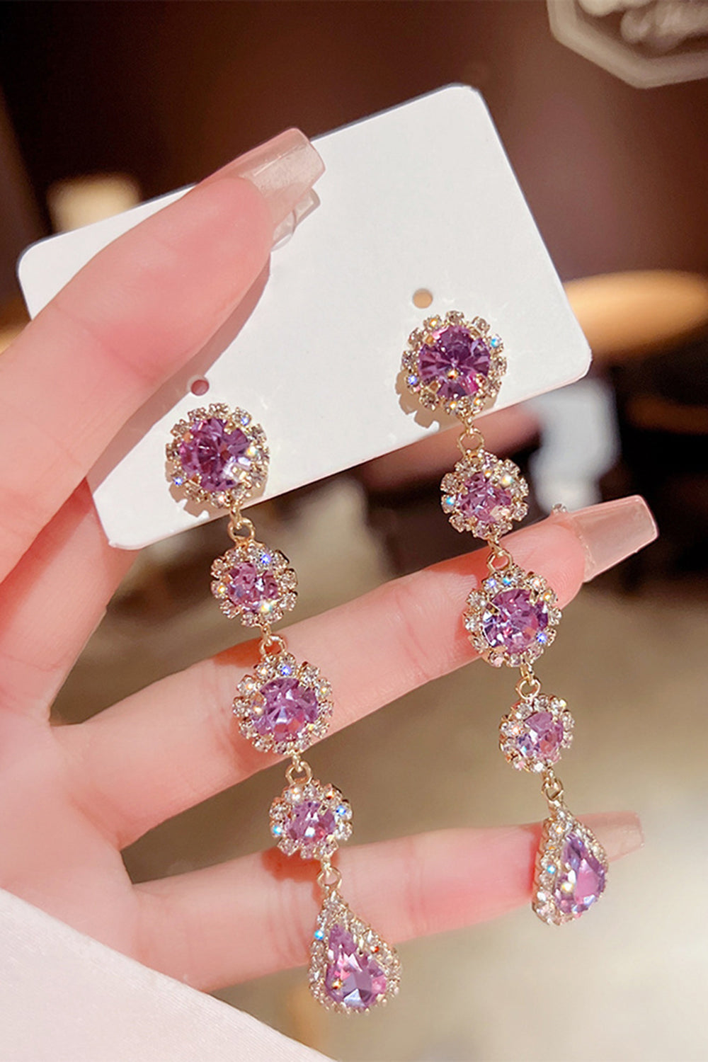 Sparkly Purple Long Prom Drop Earrings with Rhinestones