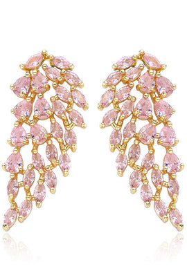 Sparkly Pink Leaf Shaped Prom Drop Earrings with Rhinestones