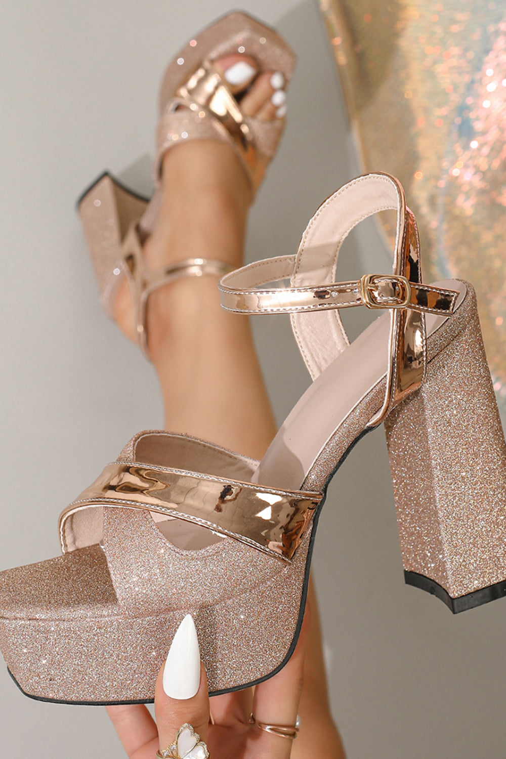 Rose Golden Chunky Open Toe Prom High Heels