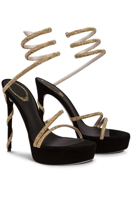 Sparkly Black Golden Strappy Prom High Heels with Rhinestones