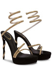Sparkly Black Golden Strappy Prom High Heels with Rhinestones