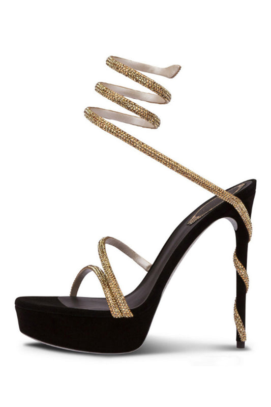 Sparkly Black Golden Strappy Prom High Heels with Rhinestones