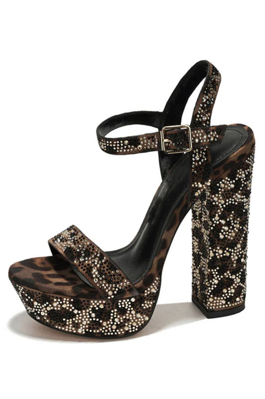 Sparkly Coffee Leopard Print Chunky Prom High Heels