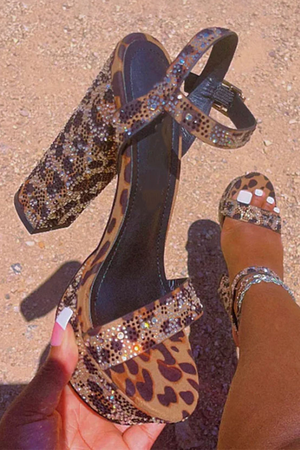 Sparkly Coffee Leopard Print Chunky Prom High Heels