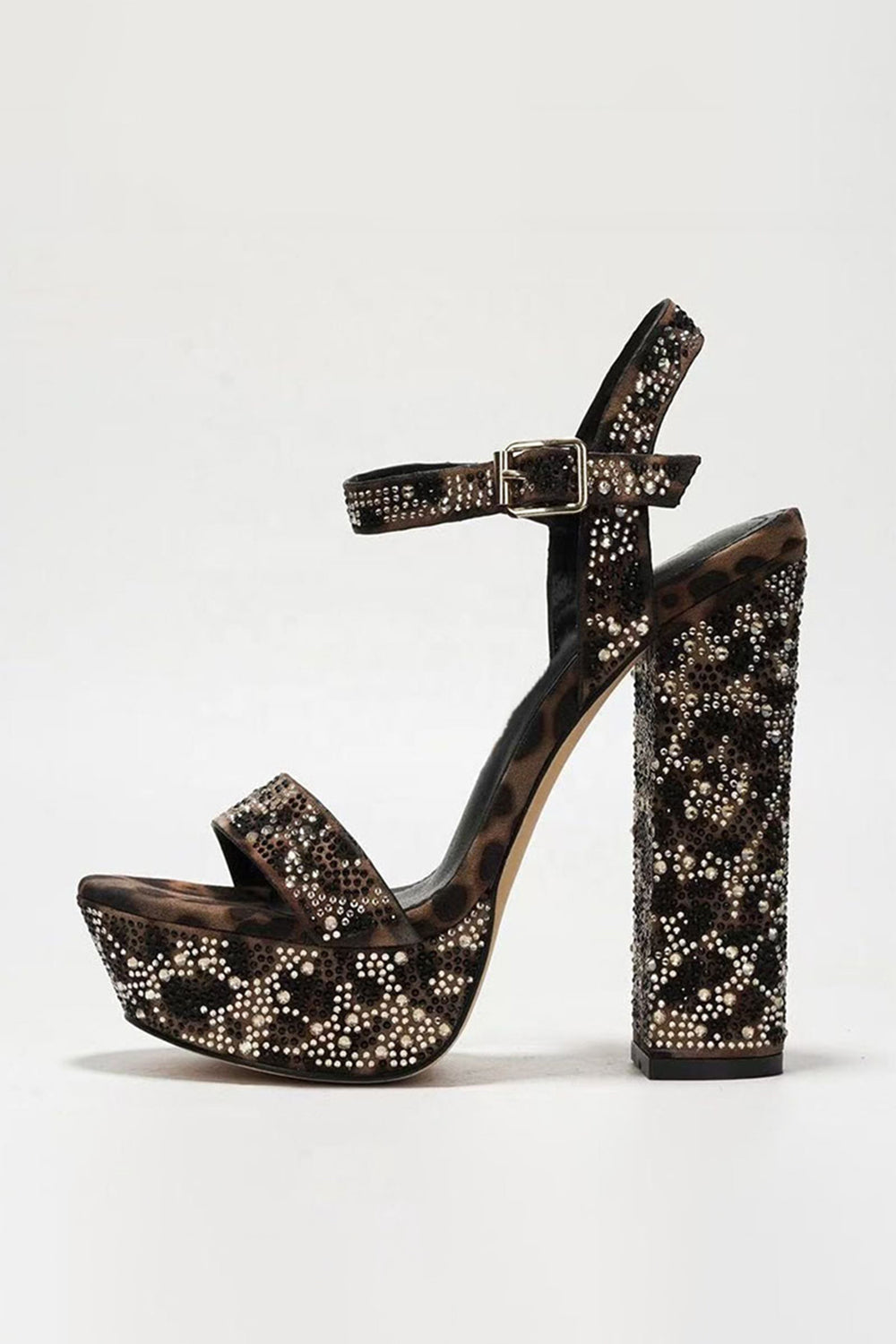 Sparkly Coffee Leopard Print Chunky Prom High Heels