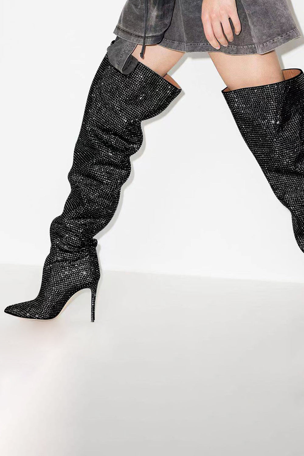 Sparkly Silver Sequin Stilettos Prom Thigh Boots