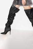 Sparkly Silver Sequin Stilettos Prom Thigh Boots