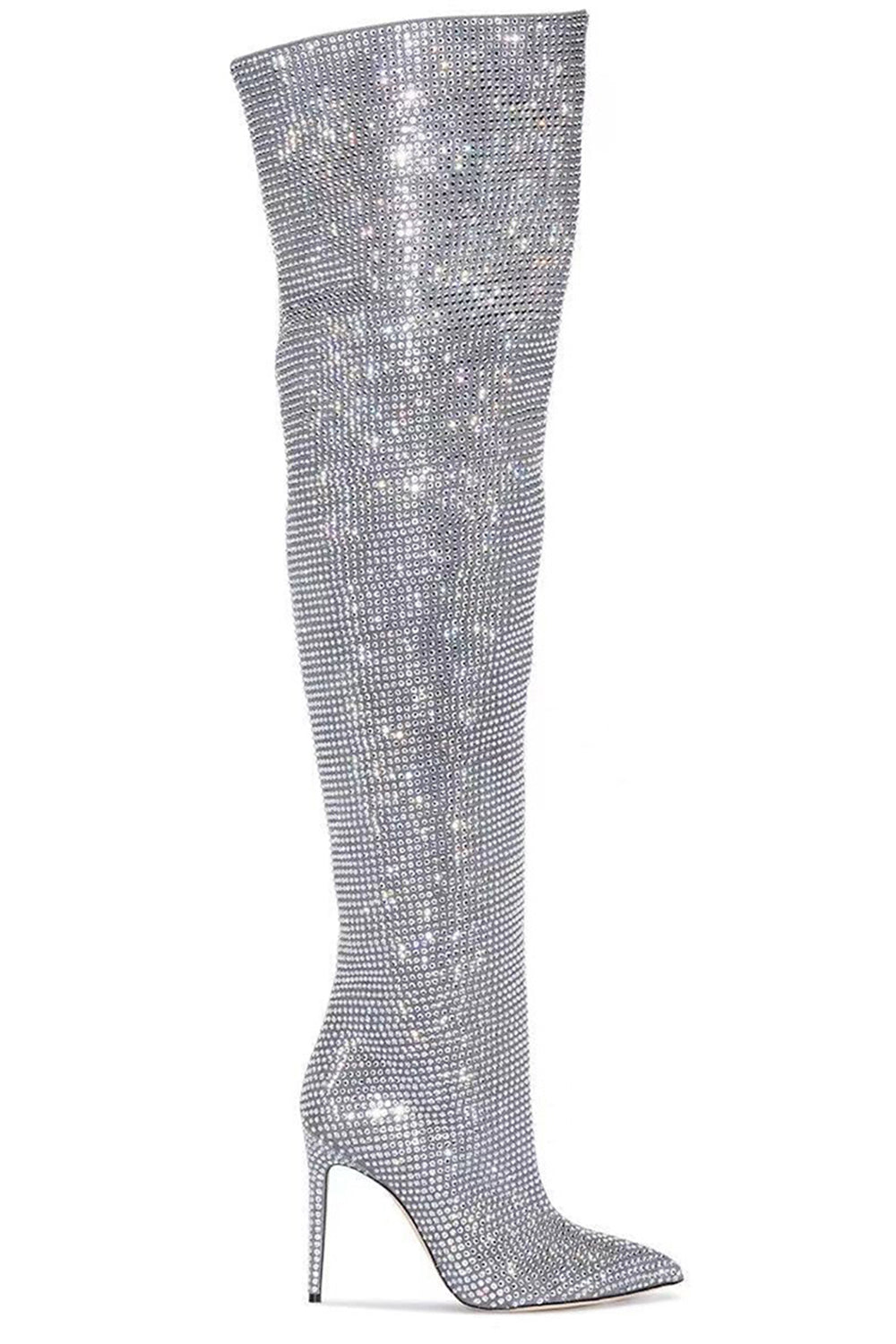 Sparkly Silver Sequin Stilettos Prom Thigh Boots