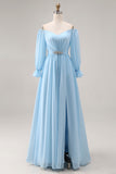 Sky Blue Chiffon Off the Shoulder Long Sleeves Bridesmaid Dress with Rhinestone