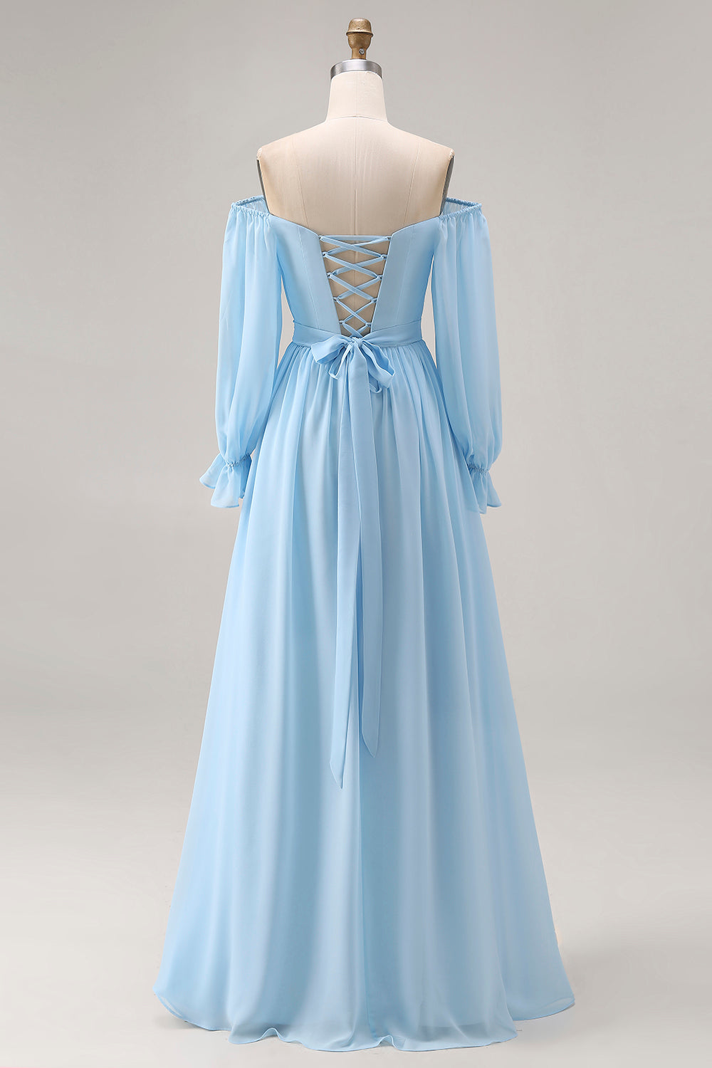 Sky Blue Chiffon Off the Shoulder Long Sleeves Bridesmaid Dress with Rhinestone