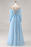 Sky Blue Chiffon Off the Shoulder Long Sleeves Bridesmaid Dress with Rhinestone