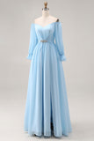 Sky Blue Chiffon Off the Shoulder Long Sleeves Bridesmaid Dress with Rhinestone