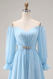 Sky Blue Chiffon Off the Shoulder Long Sleeves Bridesmaid Dress with Rhinestone