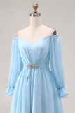 Sky Blue Chiffon Off the Shoulder Long Sleeves Bridesmaid Dress with Rhinestone