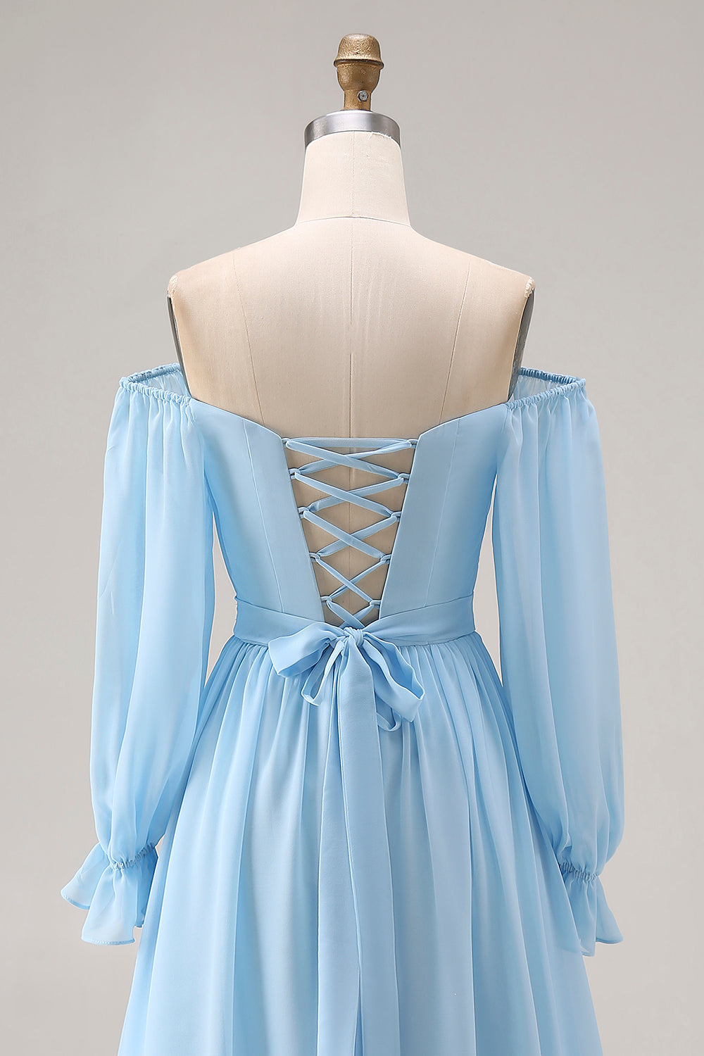 Sky Blue Chiffon Off the Shoulder Long Sleeves Bridesmaid Dress with Rhinestone