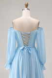 Sky Blue Chiffon Off the Shoulder Long Sleeves Bridesmaid Dress with Rhinestone
