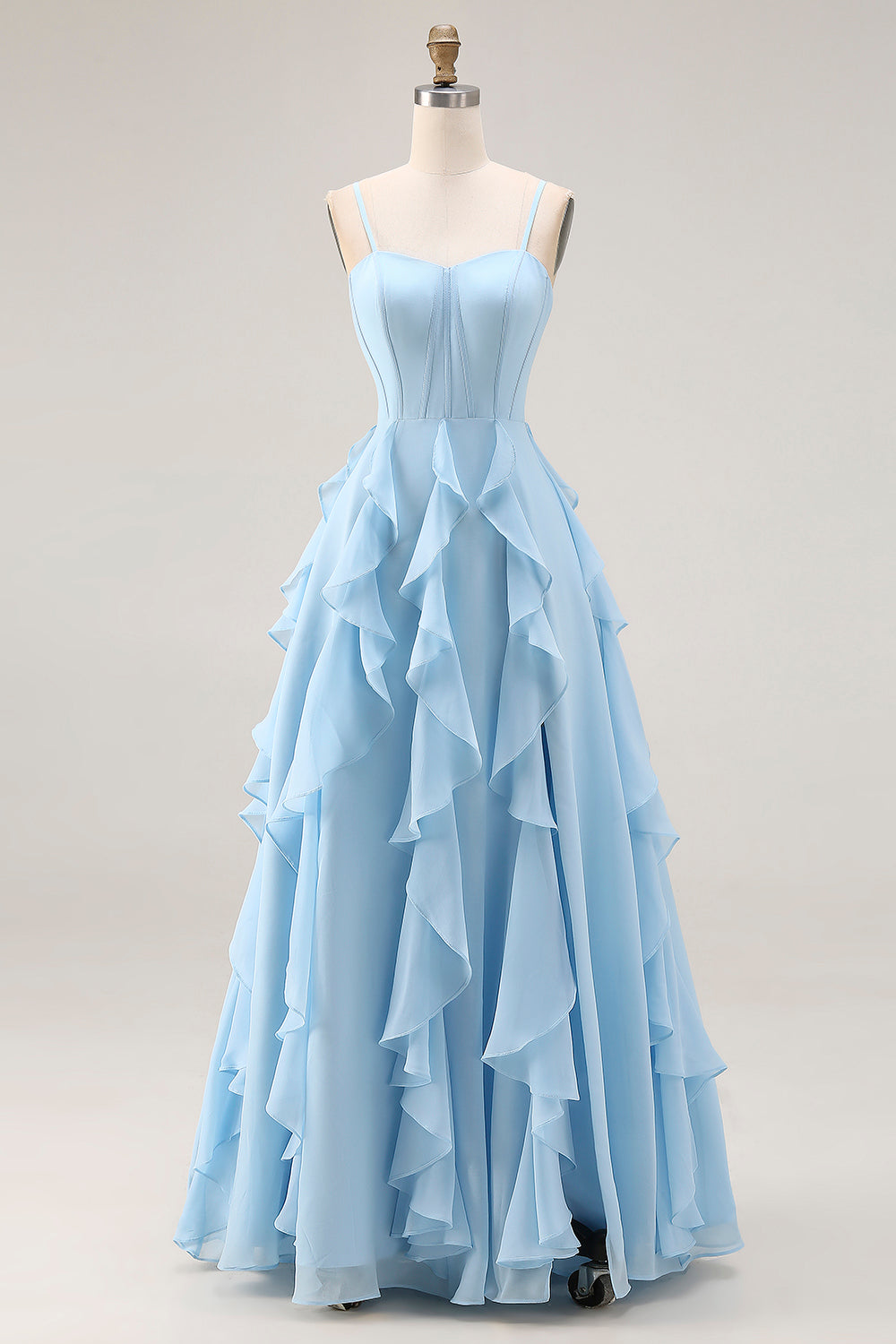 Sky Blue Ruffled A Line Spaghetti Straps Long Corset Bridesmaid Dress