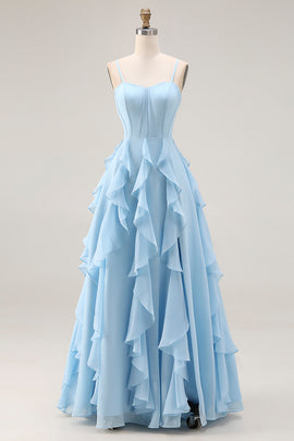 Sky Blue Ruffled A Line Spaghetti Straps Long Corset Bridesmaid Dress