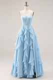 Sky Blue Ruffled A Line Spaghetti Straps Long Corset Bridesmaid Dress