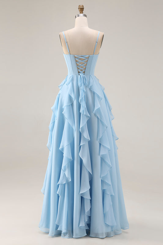 Sky Blue Ruffled A Line Spaghetti Straps Long Corset Bridesmaid Dress