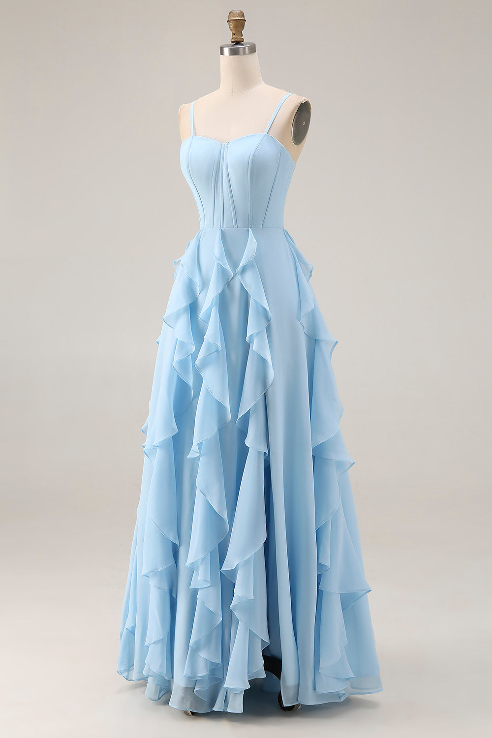 Sky Blue Ruffled A Line Spaghetti Straps Long Corset Bridesmaid Dress