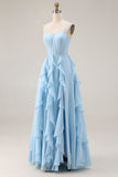 Sky Blue Ruffled A Line Spaghetti Straps Long Corset Bridesmaid Dress