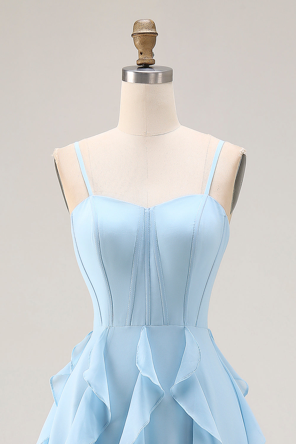 Sky Blue Ruffled A Line Spaghetti Straps Long Corset Bridesmaid Dress