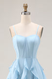 Sky Blue Ruffled A Line Spaghetti Straps Long Corset Bridesmaid Dress