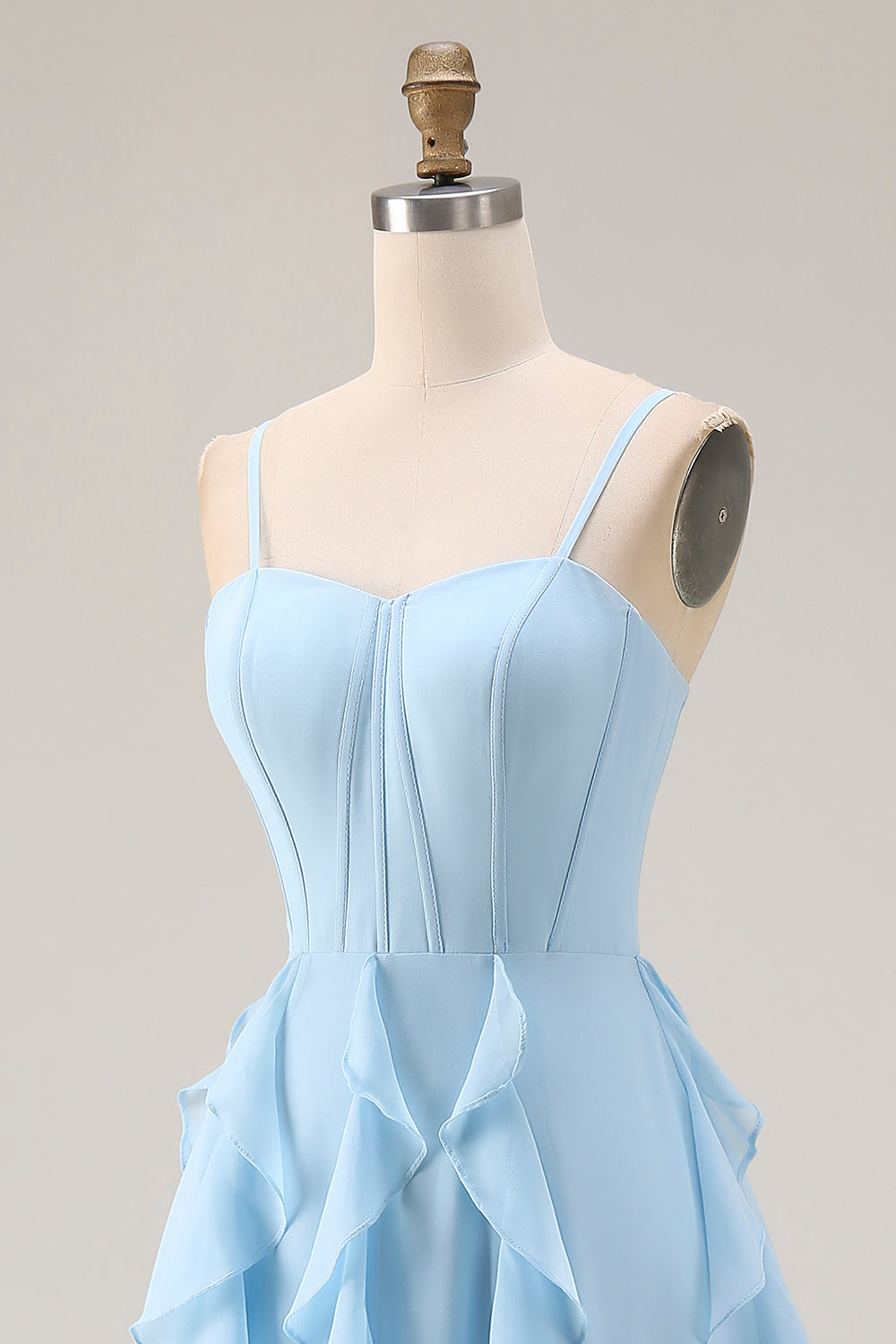 Sky Blue Ruffled A Line Spaghetti Straps Long Corset Bridesmaid Dress