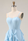 Sky Blue Ruffled A Line Spaghetti Straps Long Corset Bridesmaid Dress