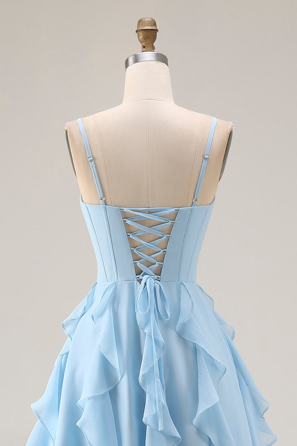 Sky Blue Ruffled A Line Spaghetti Straps Long Corset Bridesmaid Dress