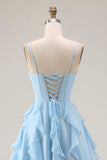 Sky Blue Ruffled A Line Spaghetti Straps Long Corset Bridesmaid Dress