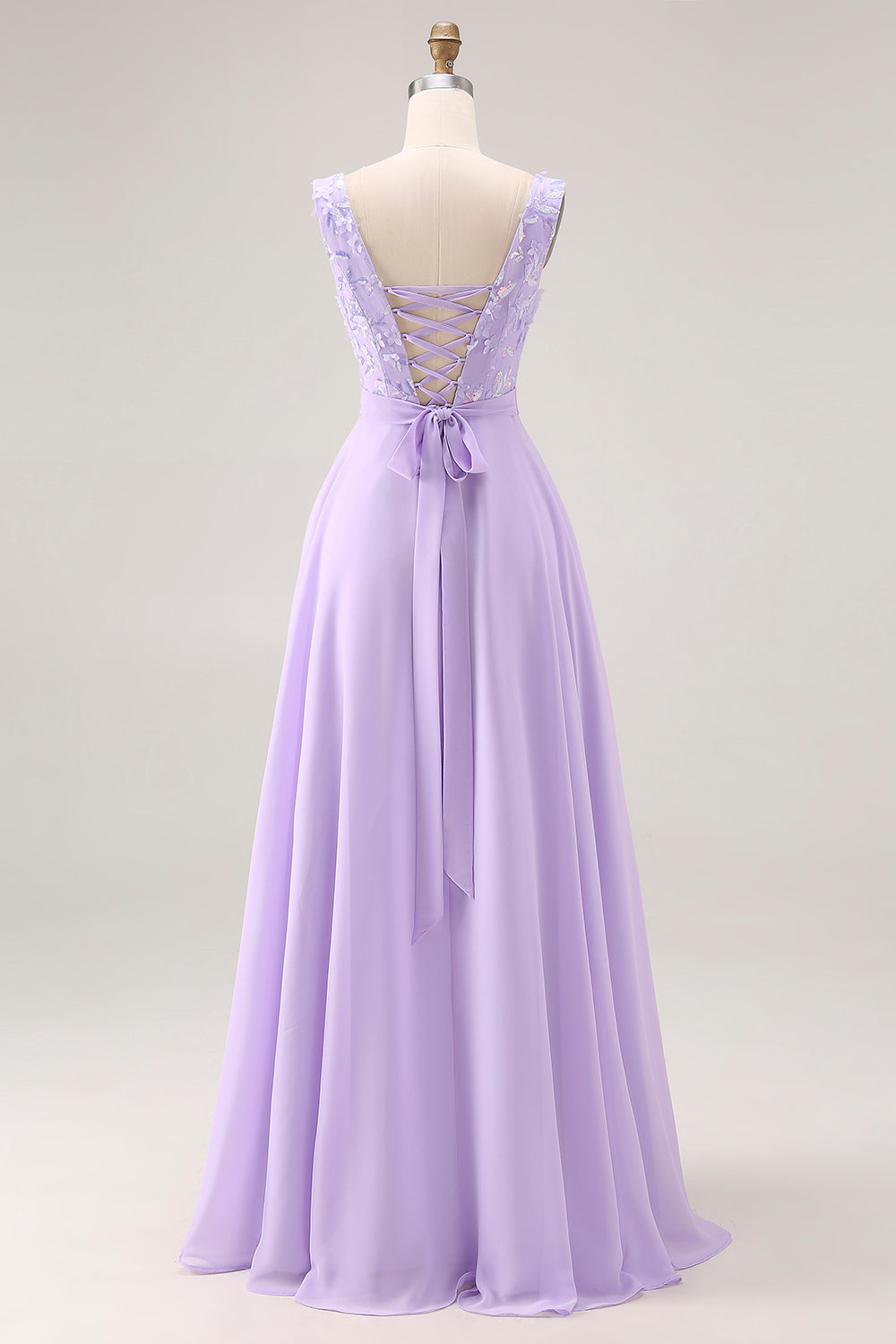 Floral Lilac A Line V-Neck Rhinestone Long Bridesmaid Dress with Slit