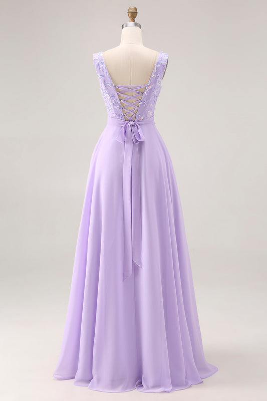 Floral Lilac A Line V-Neck Rhinestone Long Bridesmaid Dress with Slit