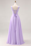 Floral Lilac A Line V-Neck Rhinestone Long Bridesmaid Dress with Slit