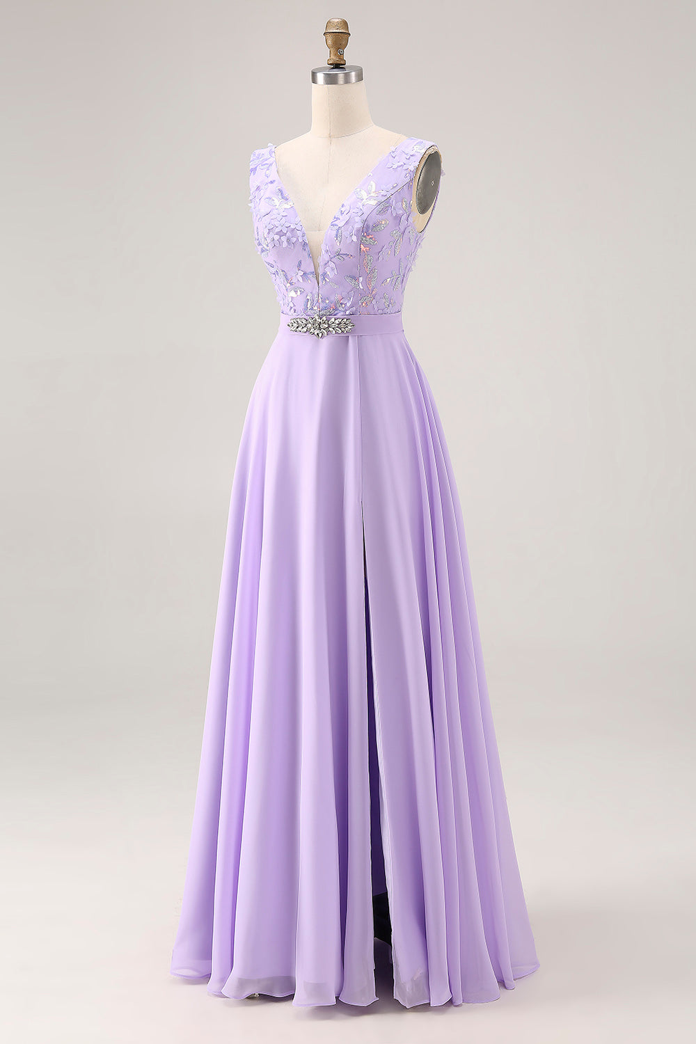 Floral Lilac A Line V-Neck Rhinestone Long Bridesmaid Dress with Slit