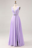 Floral Lilac A Line V-Neck Rhinestone Long Bridesmaid Dress with Slit