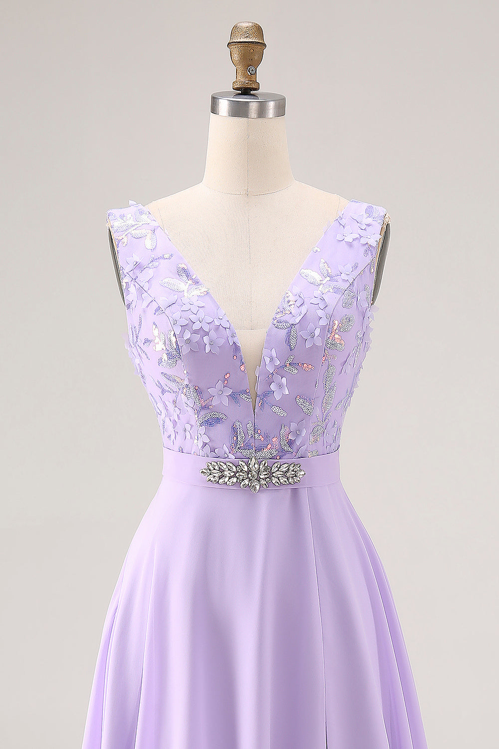 Floral Lilac A Line V-Neck Rhinestone Long Bridesmaid Dress with Slit