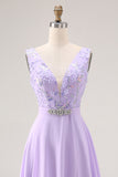 Floral Lilac A Line V-Neck Rhinestone Long Bridesmaid Dress with Slit