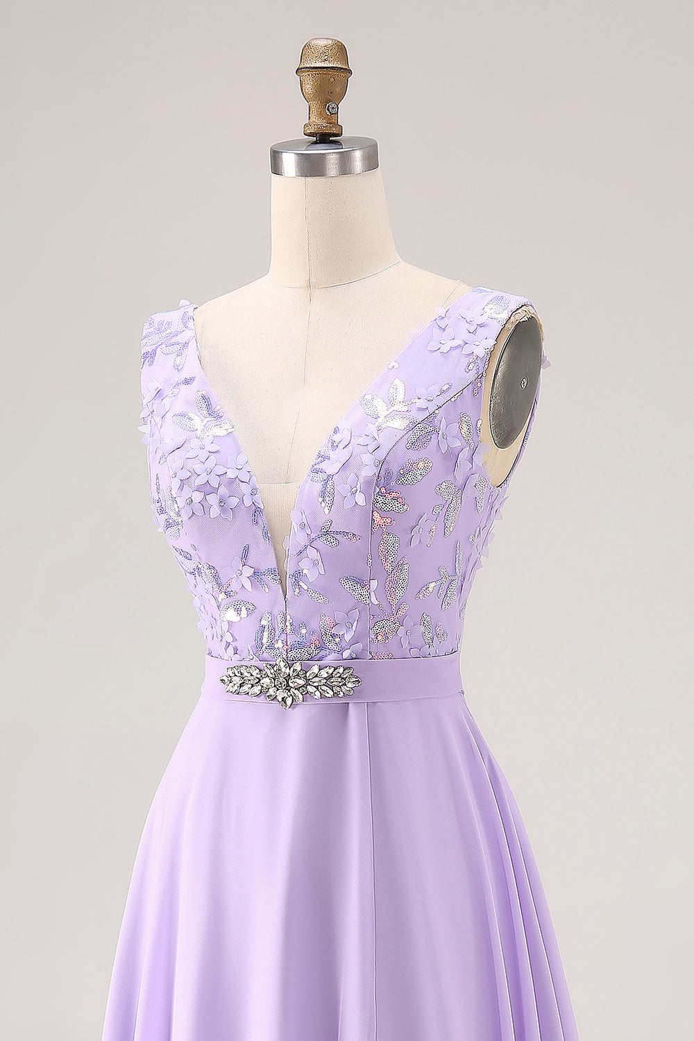 Floral Lilac A Line V-Neck Rhinestone Long Bridesmaid Dress with Slit