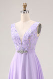 Floral Lilac A Line V-Neck Rhinestone Long Bridesmaid Dress with Slit