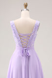 Floral Lilac A Line V-Neck Rhinestone Long Bridesmaid Dress with Slit